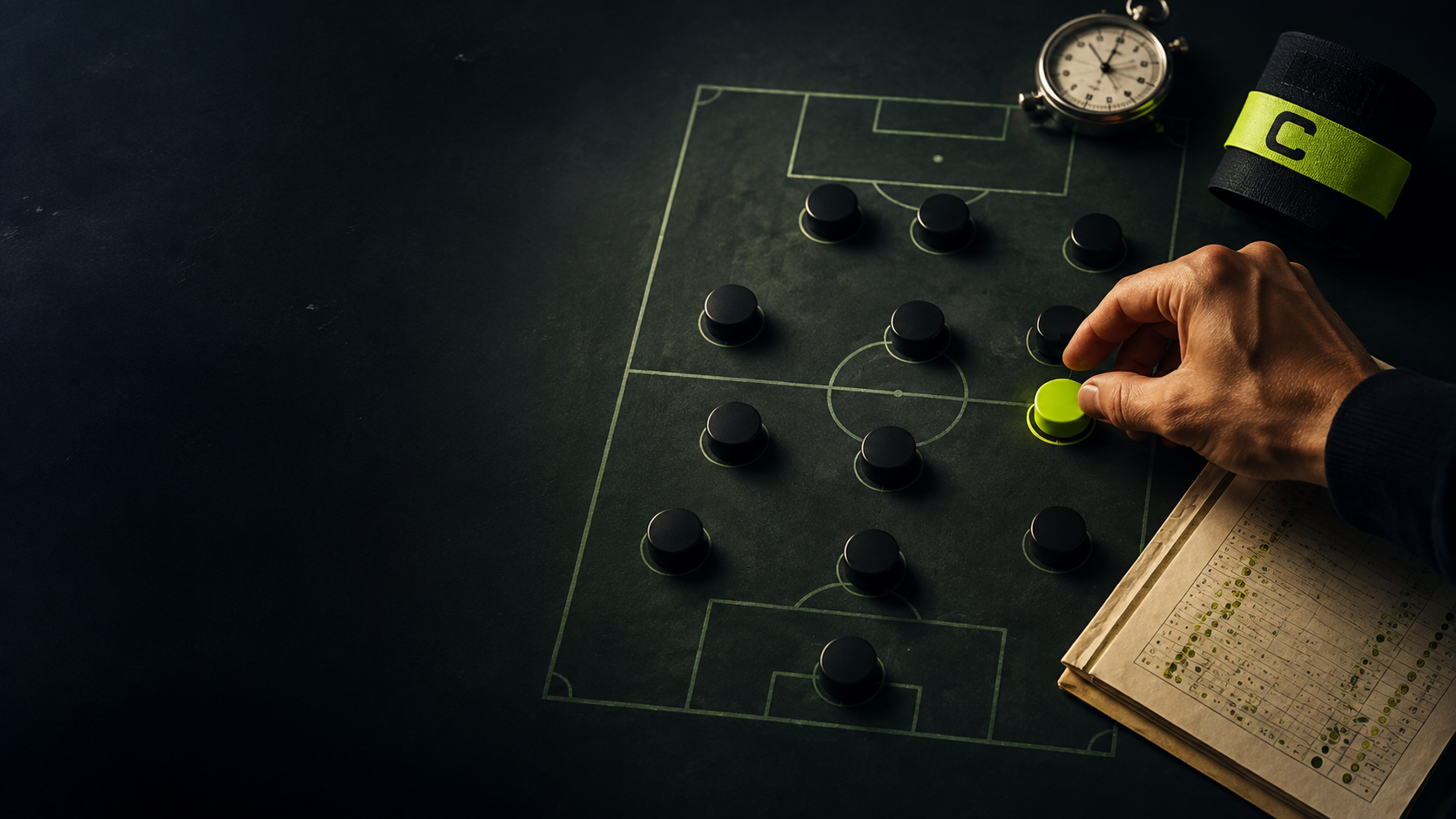 A tactical football decision board arranged under matchday lights